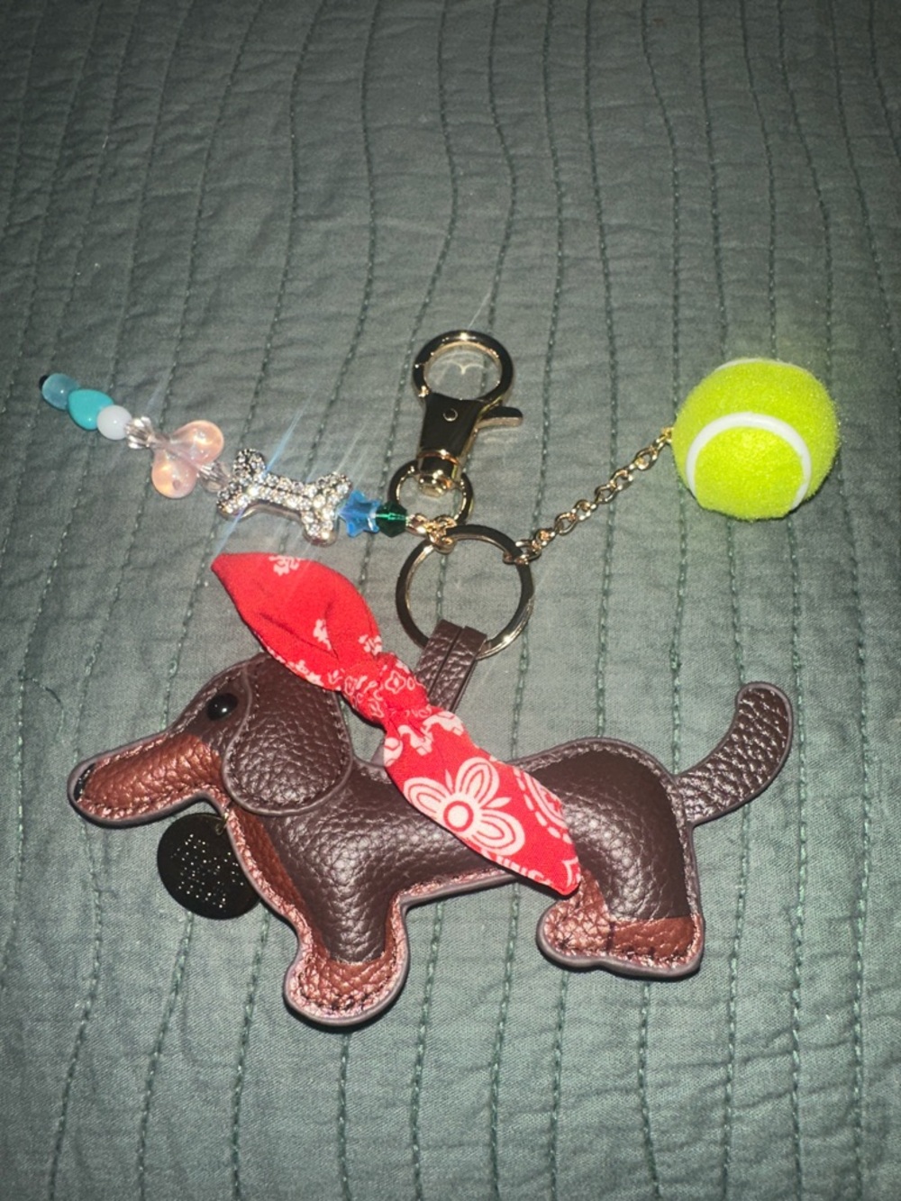 Brown Dachshund Keychain Bag Charm with Red Bandana and Tennis Ball Accent.